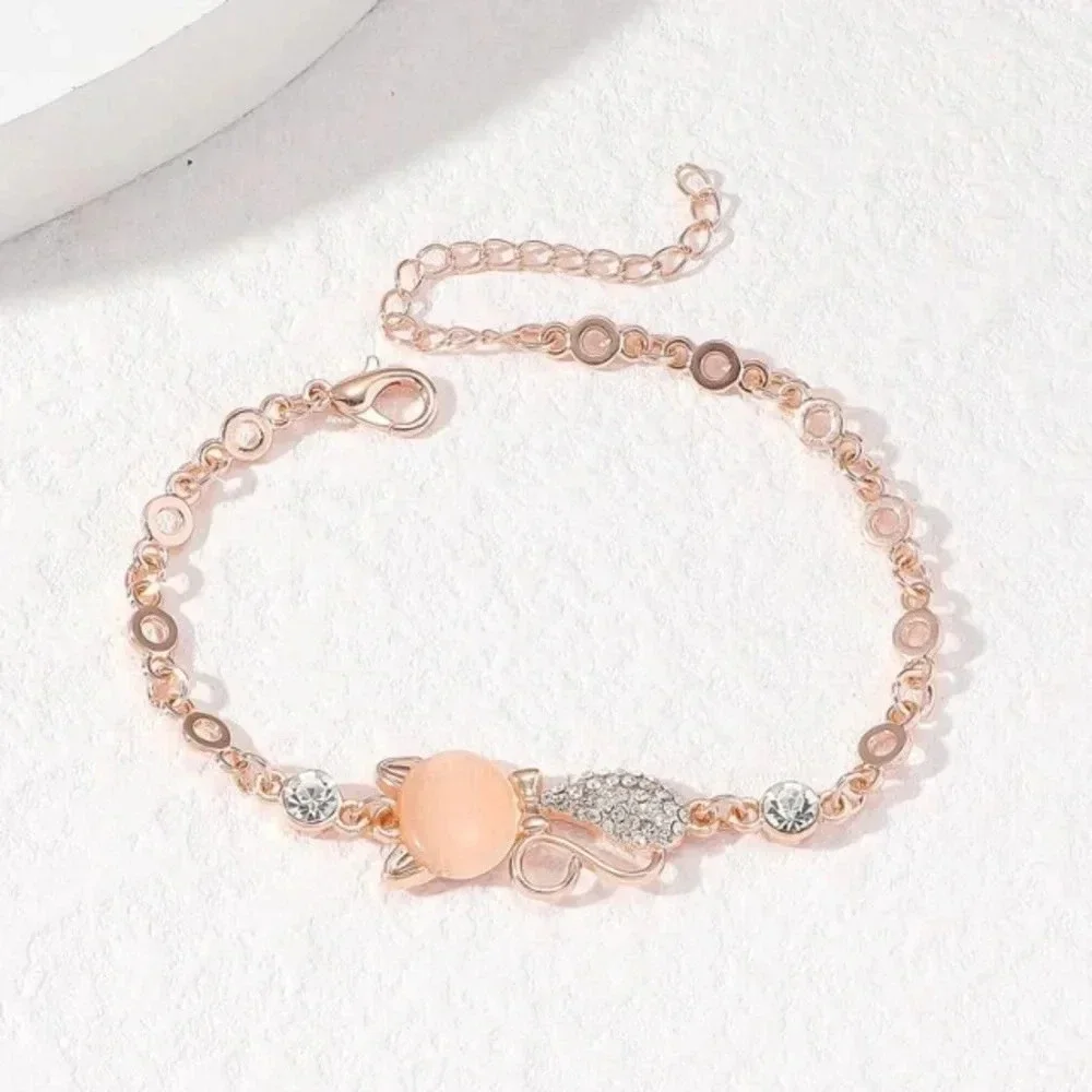 Fashionable pretty rose gold and rhinestone cat bracelet gift women cat lovers